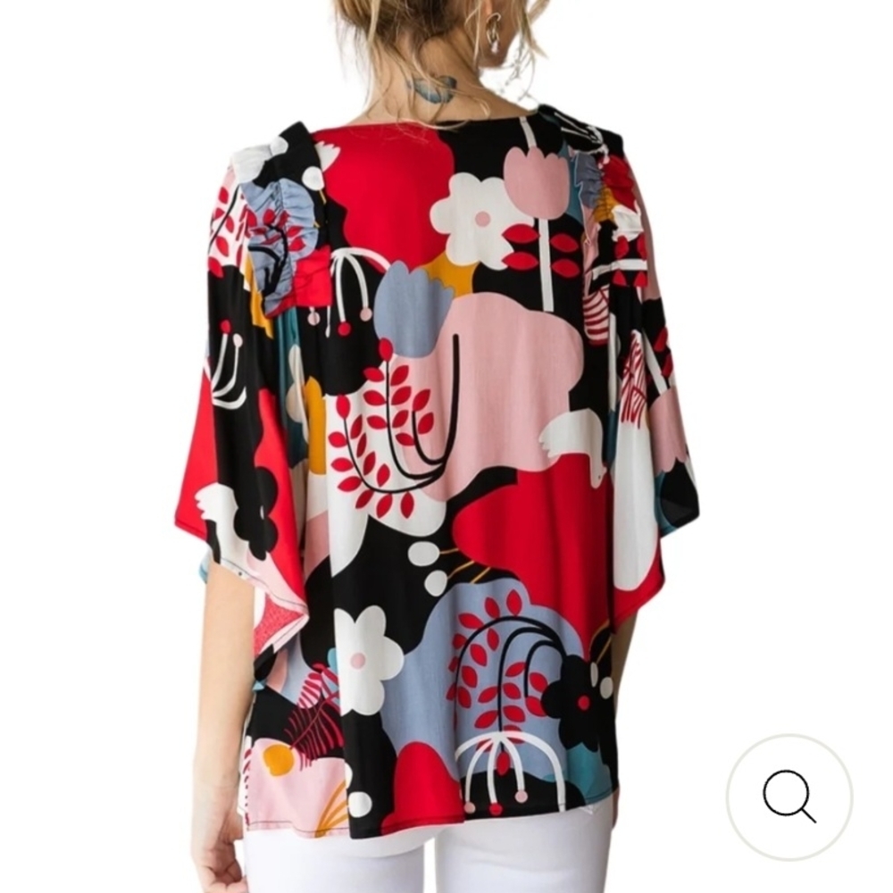 Sz Large JODIFL Oversized Colorful Floral Artsy Flutter 3/4 Bell Sleeve Blouse - Picture 2 of 6